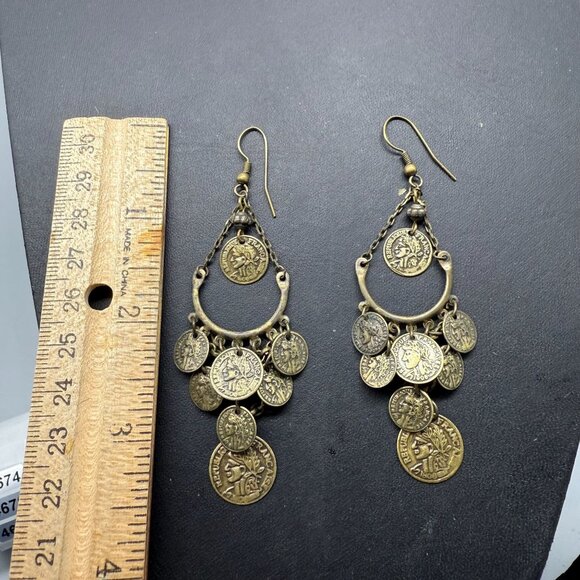Vintage Coin Dangle Drop Chandelier Earrings Brass Tone Boho Ethnic Retro - Picture 4 of 4